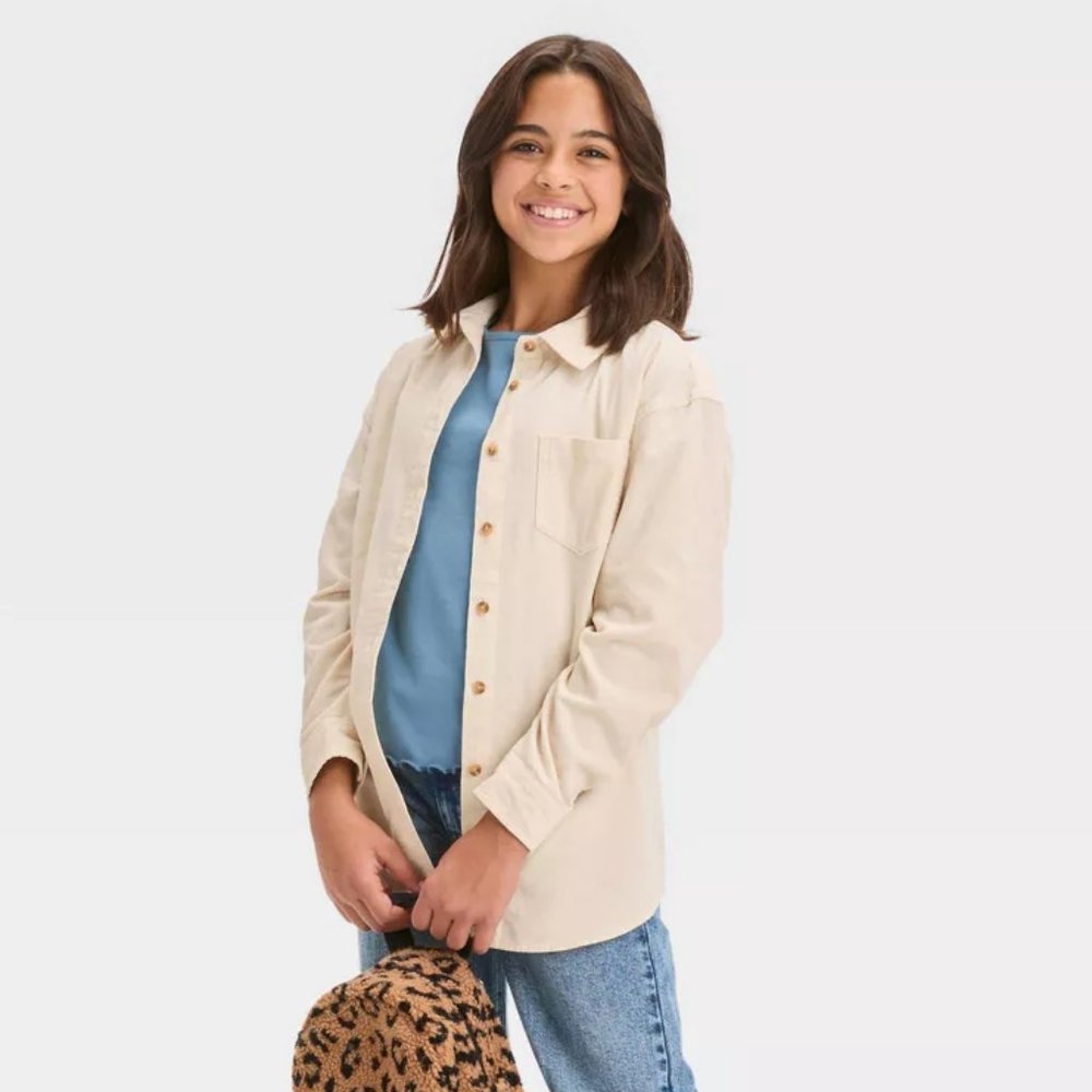 NEW! Girls' Long Sleeve Oversized Lightweight Corduroy Layering Shirt, Off-White